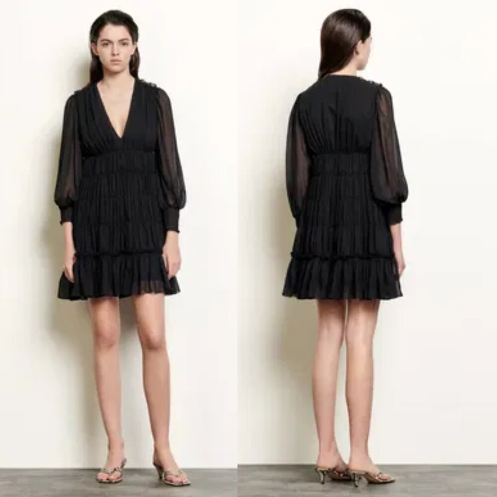 Sandro Mini Dress Black Ruffle Tiered Skirt Long Sleeves Mesh Deep V-Neck